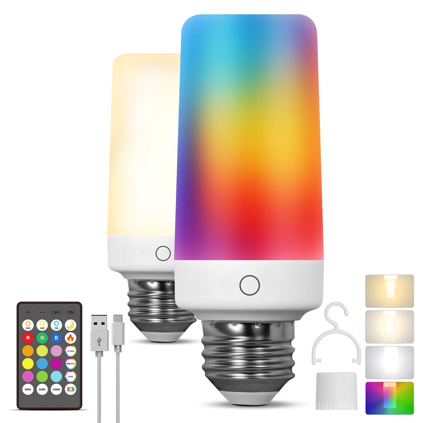 2PK Rechargeable Light Bulb with Remote,Dual Charging Way,Tuned White&RGB