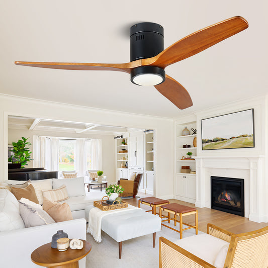 52" Farmhouse Brown Low Profile Wood Ceiling Fan with Light and Remote