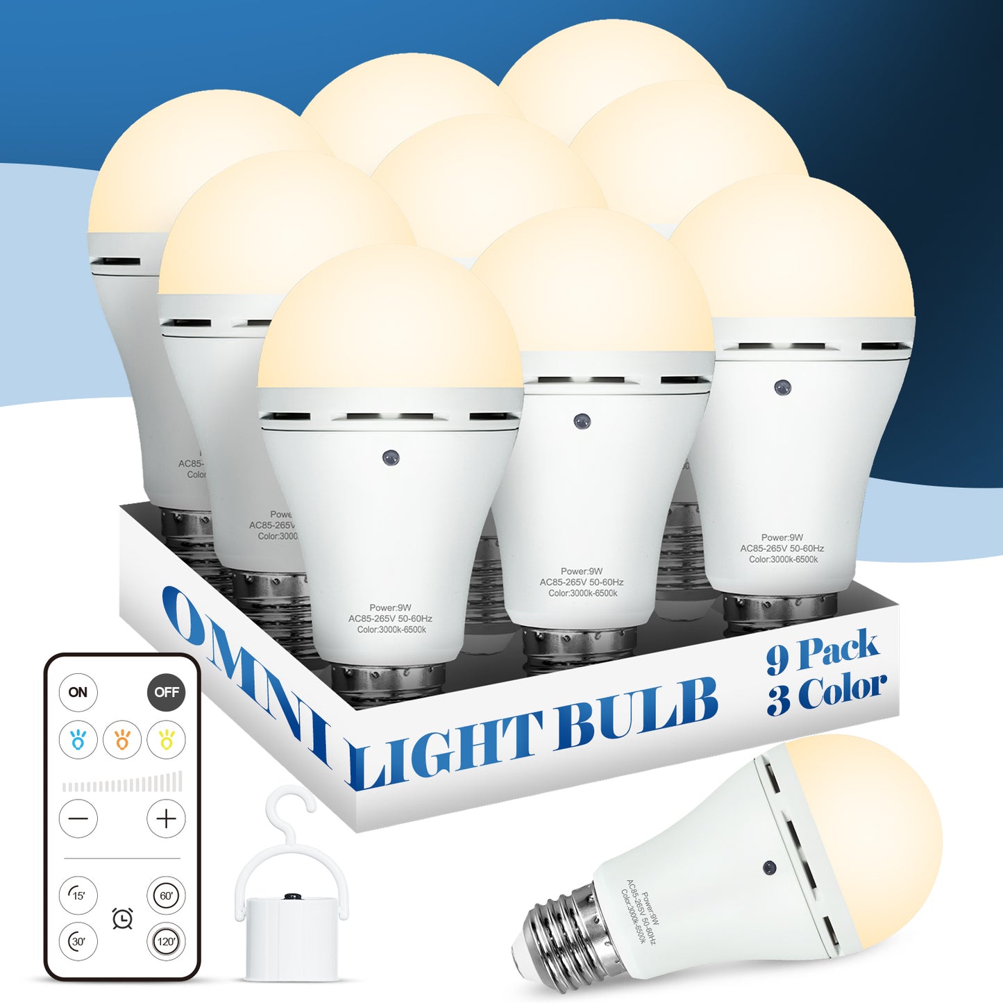 9 Pack Rechargeable Light Bulbs with Remote Control,3 Color and Time Setting