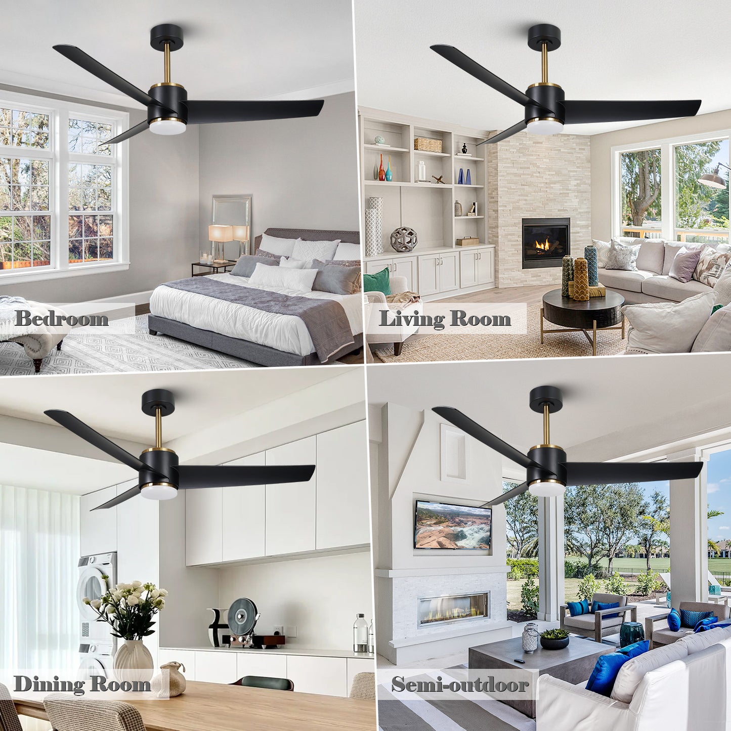 52" Modern Black and Gold Ceiling Fan with Light for Porch Living Room