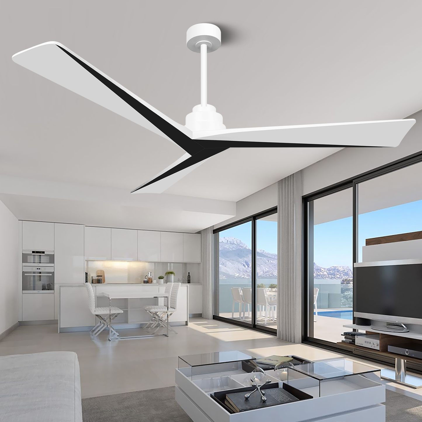 60" Modern 3 Wood Blades Black White Ceiling Fan no Light with Remote