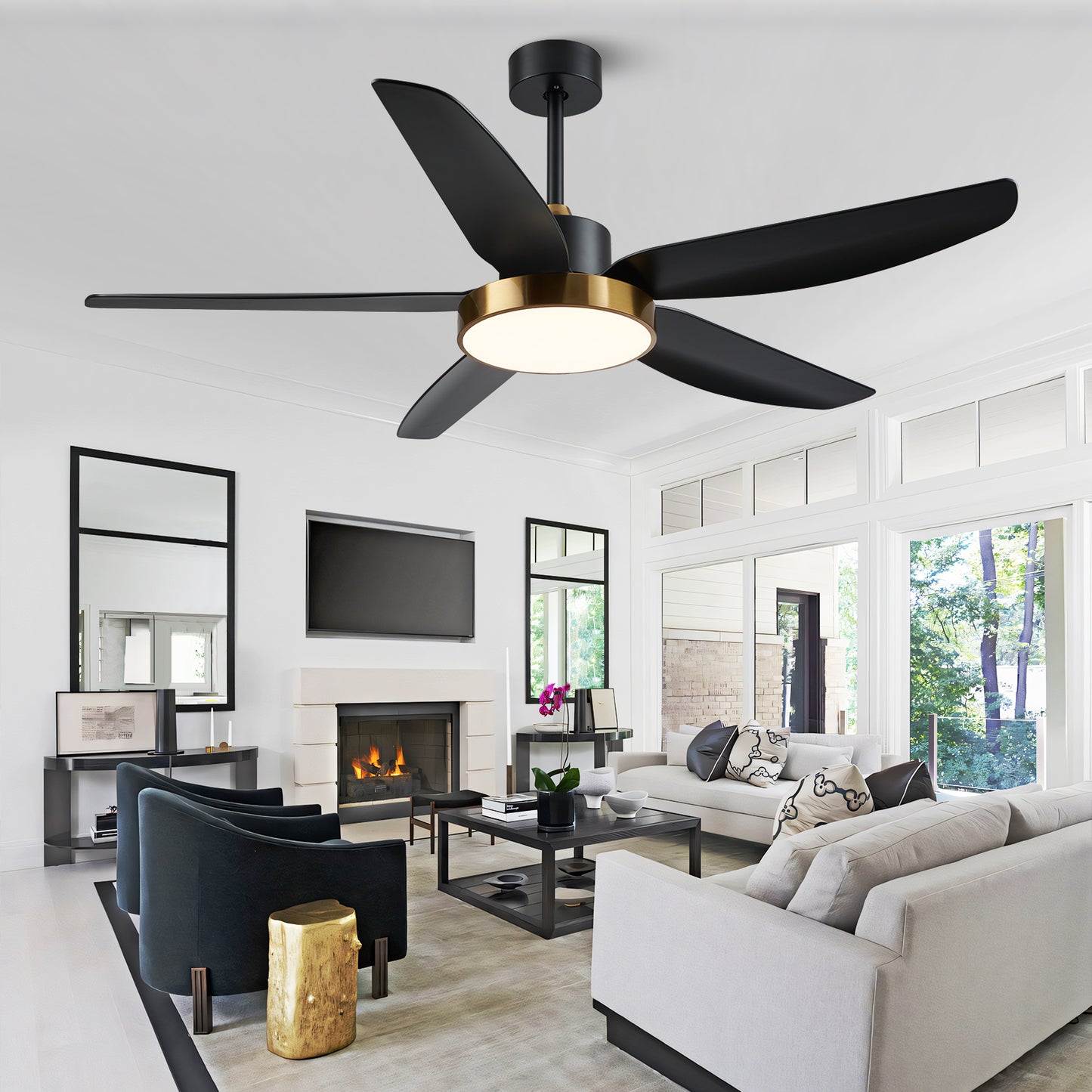 56" Black Brass Gold Reversible Ceiling Fan with Light and Remote Control