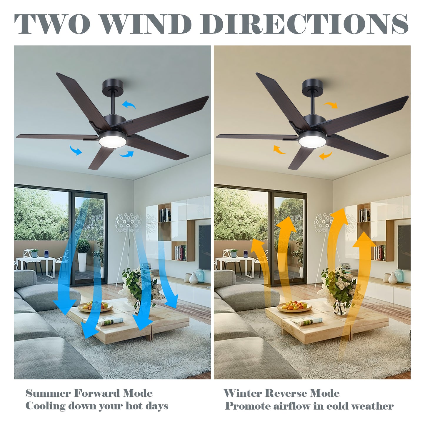 52" Modern Black Wood Ceiling Fan with Lights and Remote for Outdoor Indoor