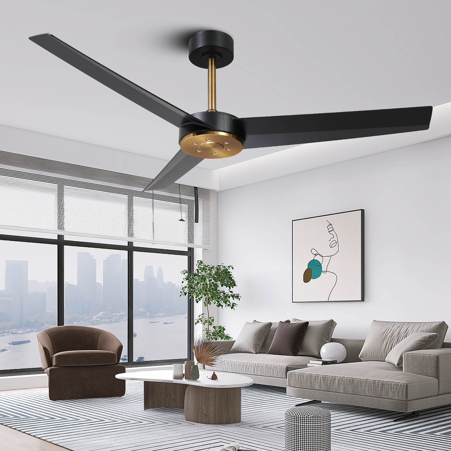 52" Modern Black and Gold Ceiling Fan with no Light for Porch Living Room