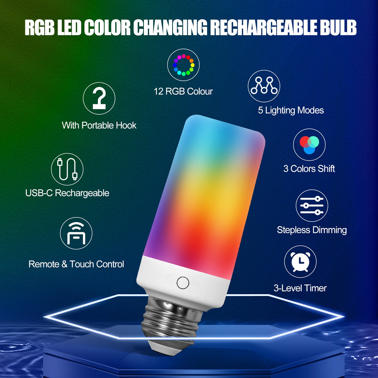 1 Pack Rechargeable Emergency Light Bulb with Remote E26 120 Volt 9W 12 RGB