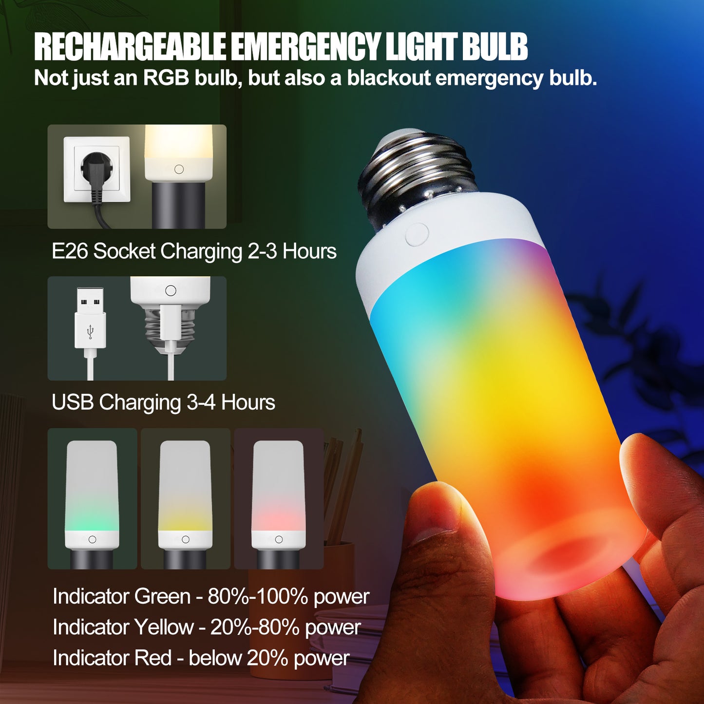 1 Pack Rechargeable Emergency Light Bulb with Remote E26 120 Volt 9W 12 RGB