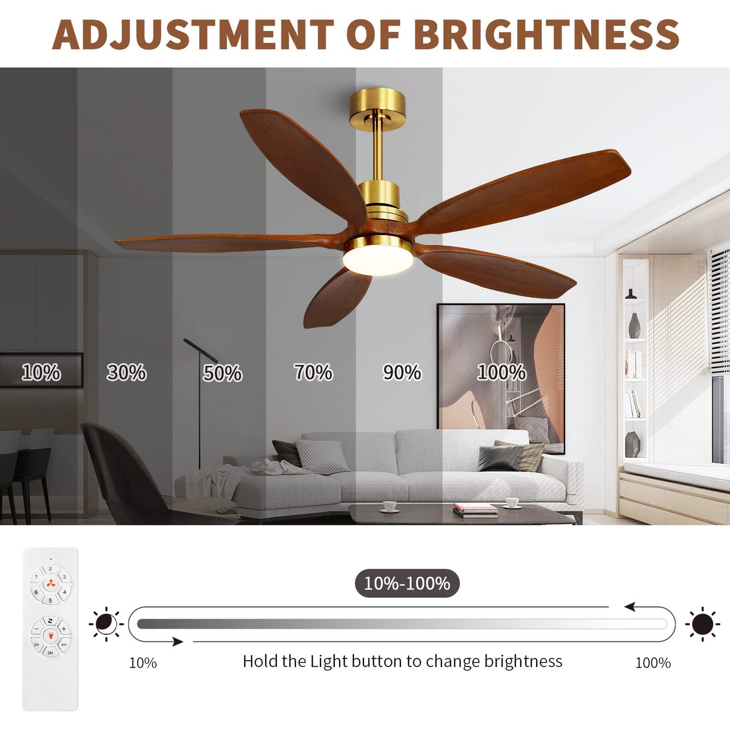 60" Modern Black Walnut Brass Reversible Ceiling Fan with Light and Remote