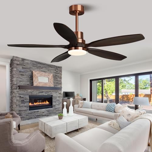 52" Modern Black Walnut Red Brass Ceiling Fan with Light and Remote