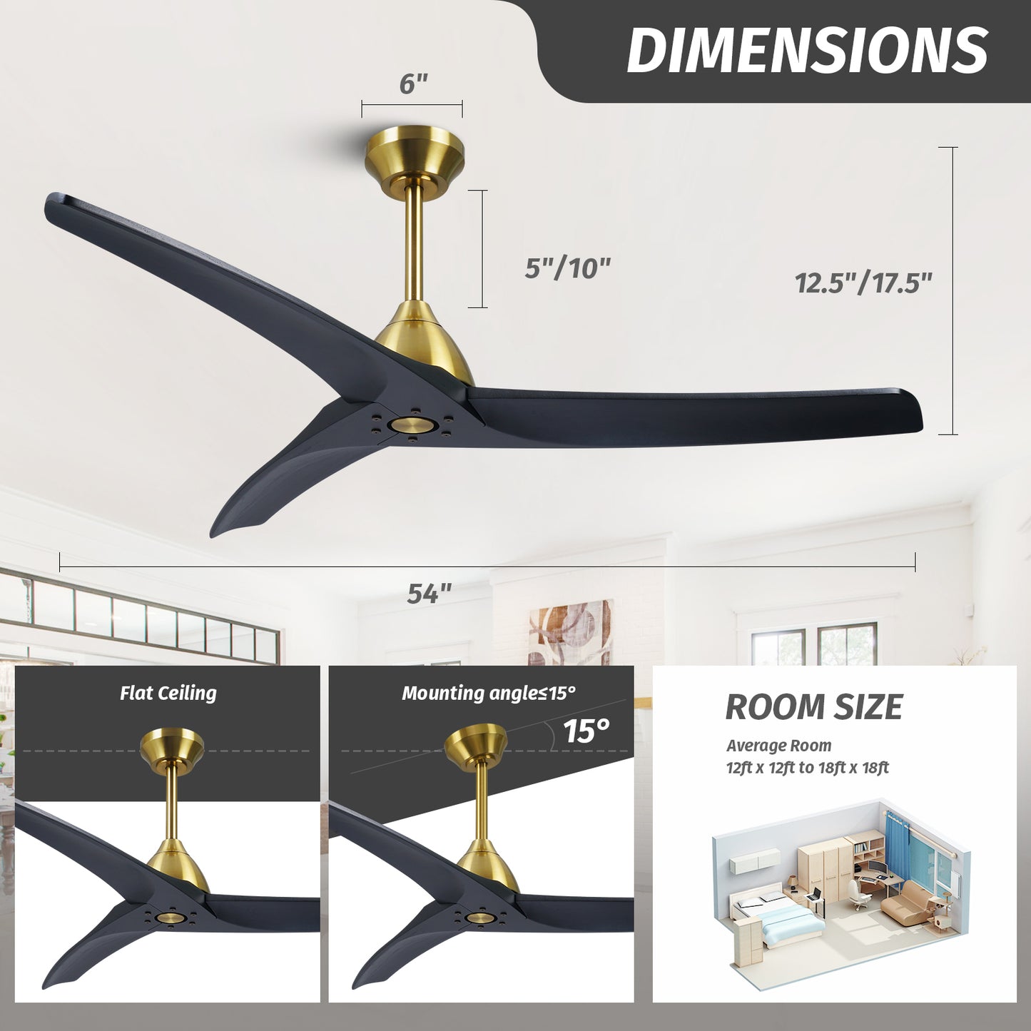 54" Minimalist Black and Brass Ceiling Fan No Light with Reversible DC Motor