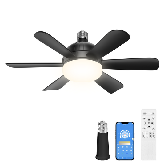 18" Black Socket Fan LED Light with Remote,Small Screw in Fan for Closet