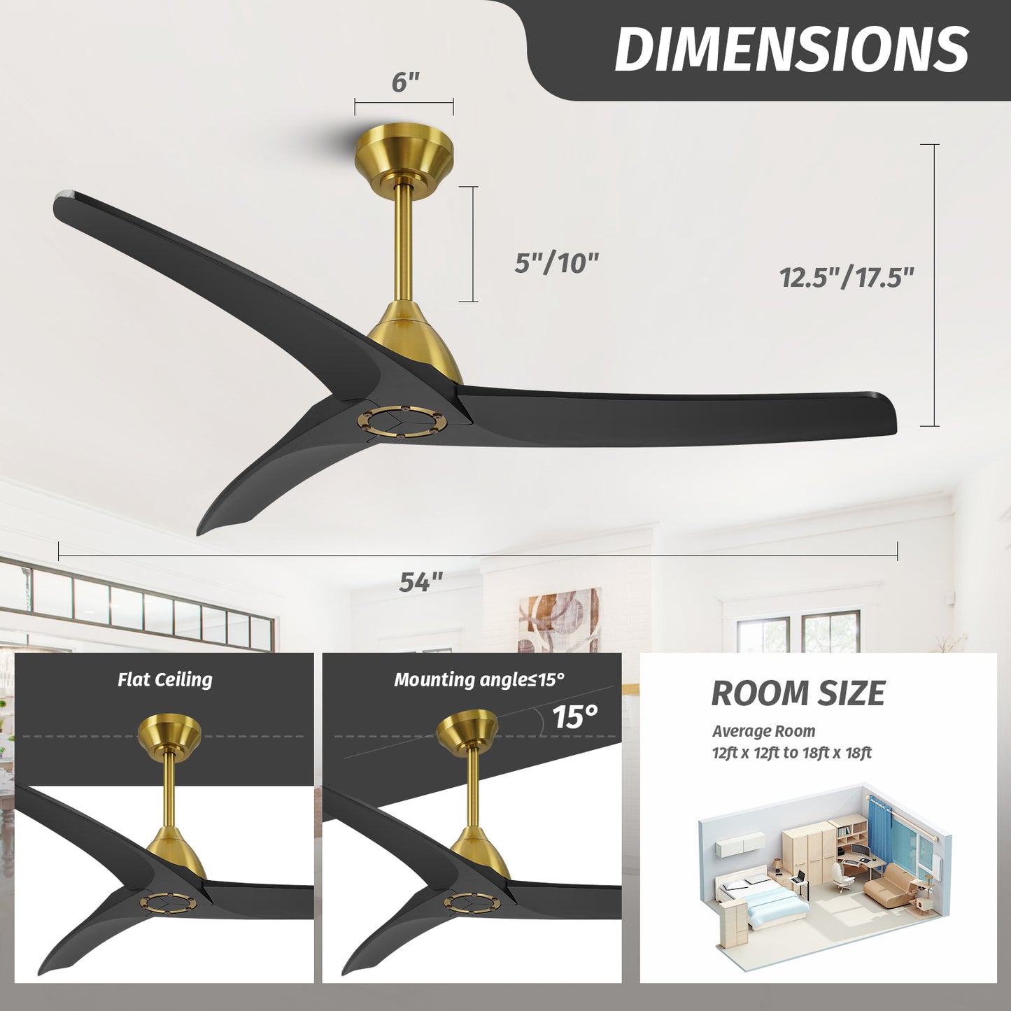 54" Modern Black and Gold Ceiling Fan No Lights with Reversible DC Motor