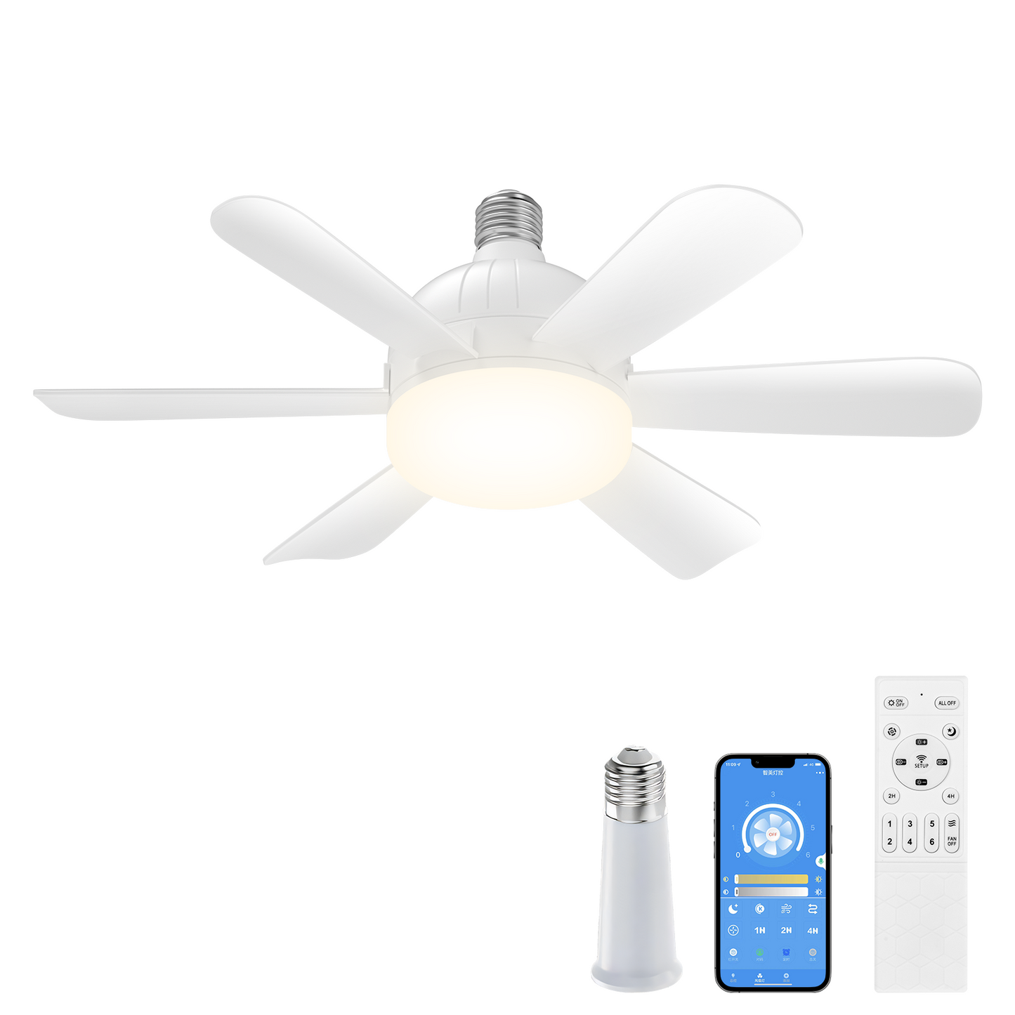 18" White Socket Fan LED Light with Remote,Small Screw in Fan for Closet