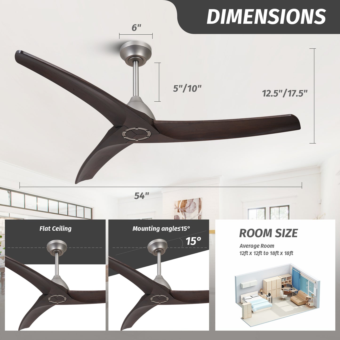 54" Industrial Brown Wood Ceiling Fan No Lights with Reversible DC Motor