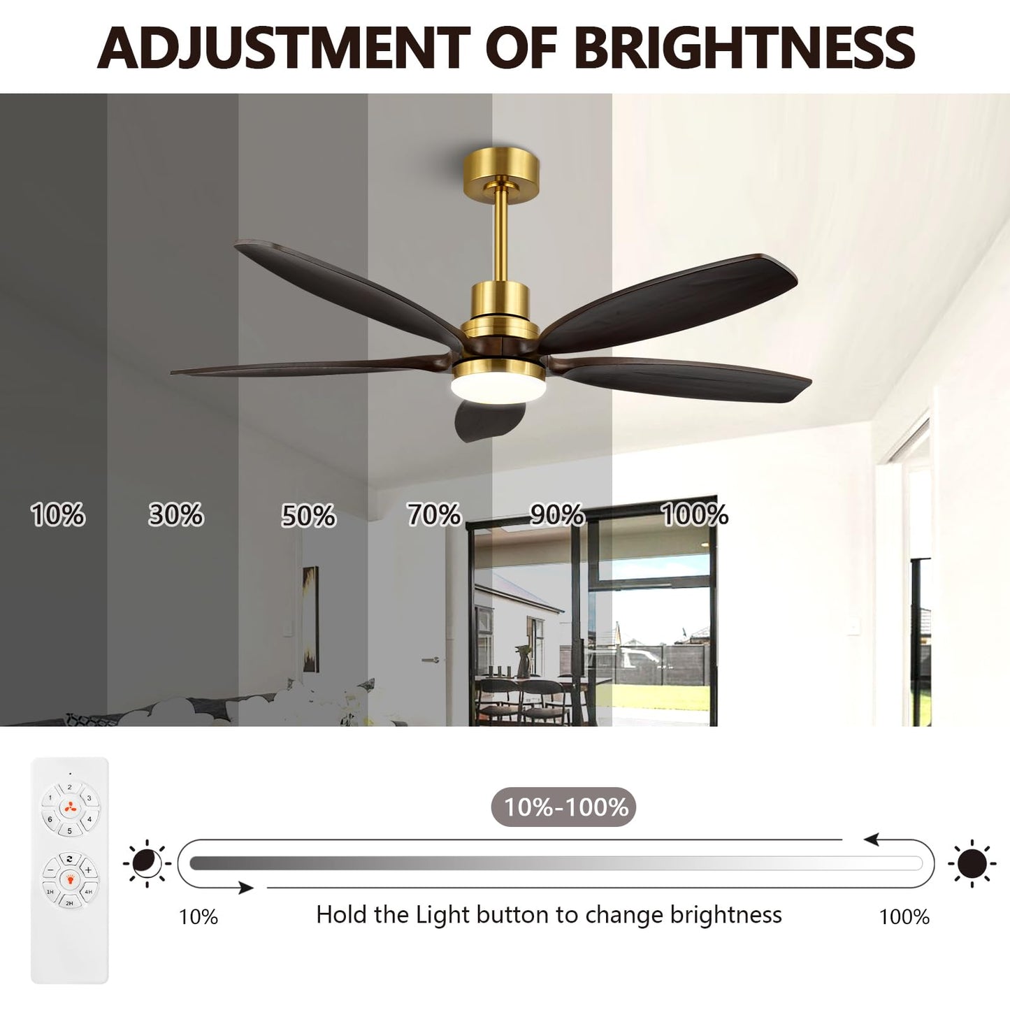 52" Modern Brown Walnut Brass Reversible Ceiling Fan with Light and Remote