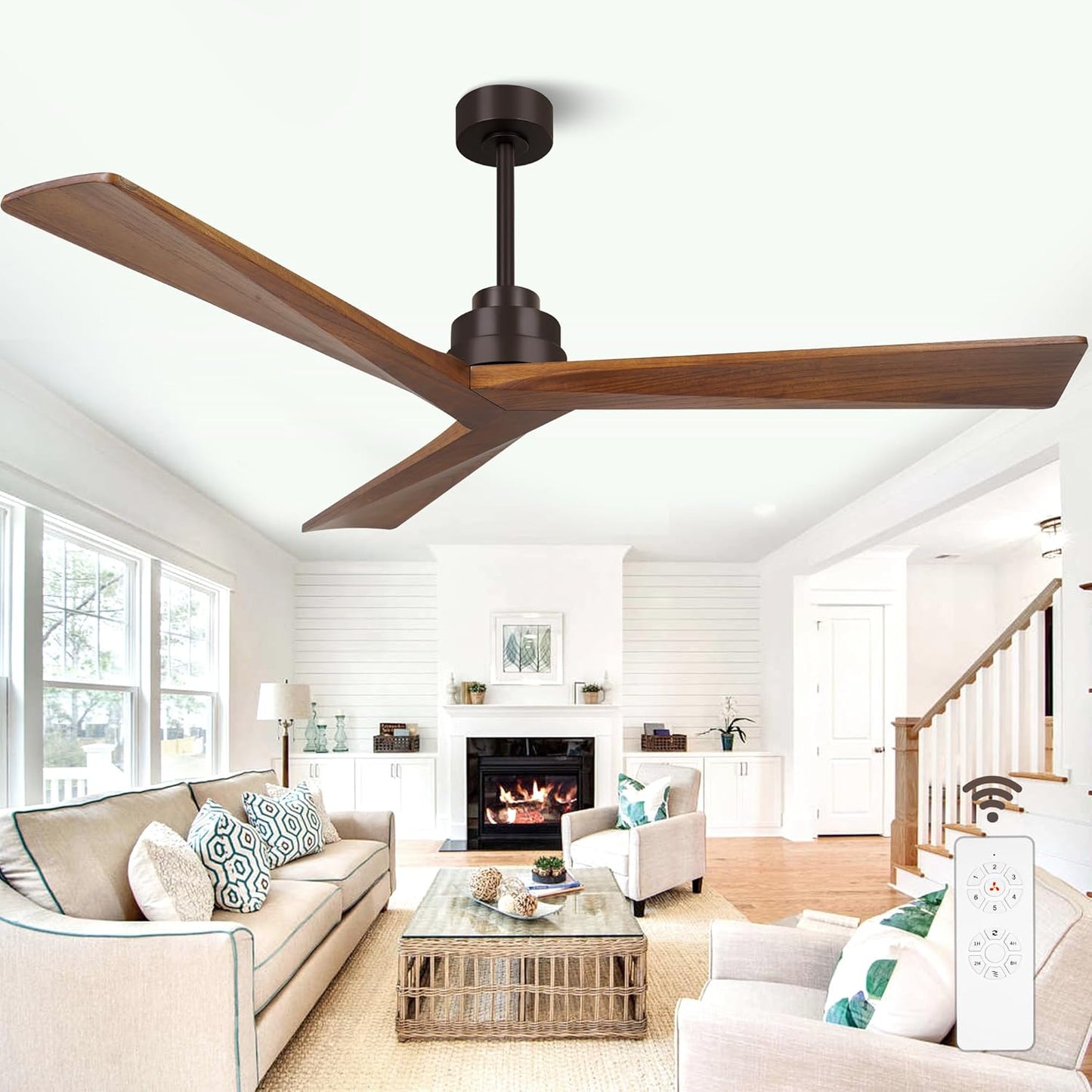 60" Modern 3 Wood Blades Coffee Brown Ceiling Fan no Light with Remote