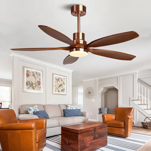 52" Modern Brown Walnut Red Brass Ceiling Fan with Light and Remote