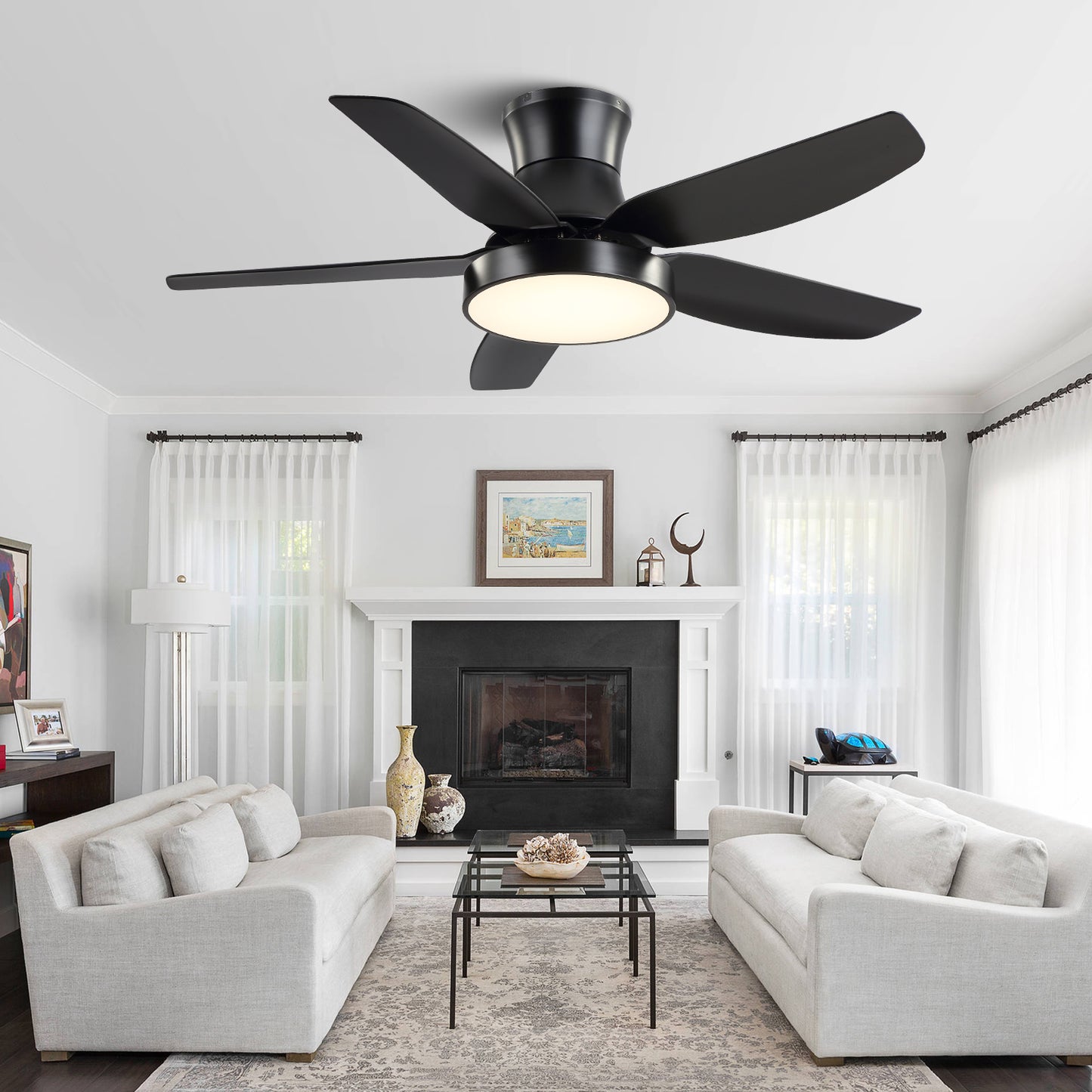 42" Modern Flush Mount Black Ceiling Fan with lights and Remote for Bedroom,Kitchen,Porch