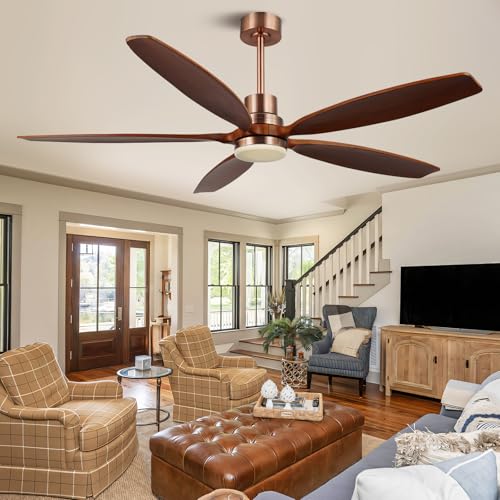 60" Modern Brown Walnut Red Brass Ceiling Fan with Light and Remote