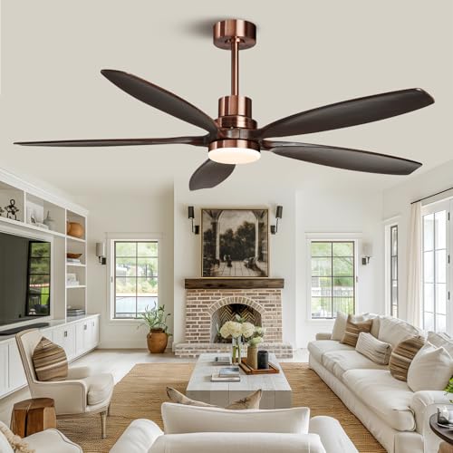 60" Modern Black Walnut Red Brass Ceiling Fan with Light and Remote