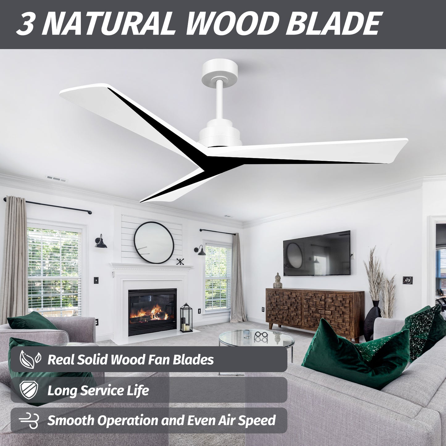 52" Modern 3 Wood Blades Black White Ceiling Fan no Light with Remote