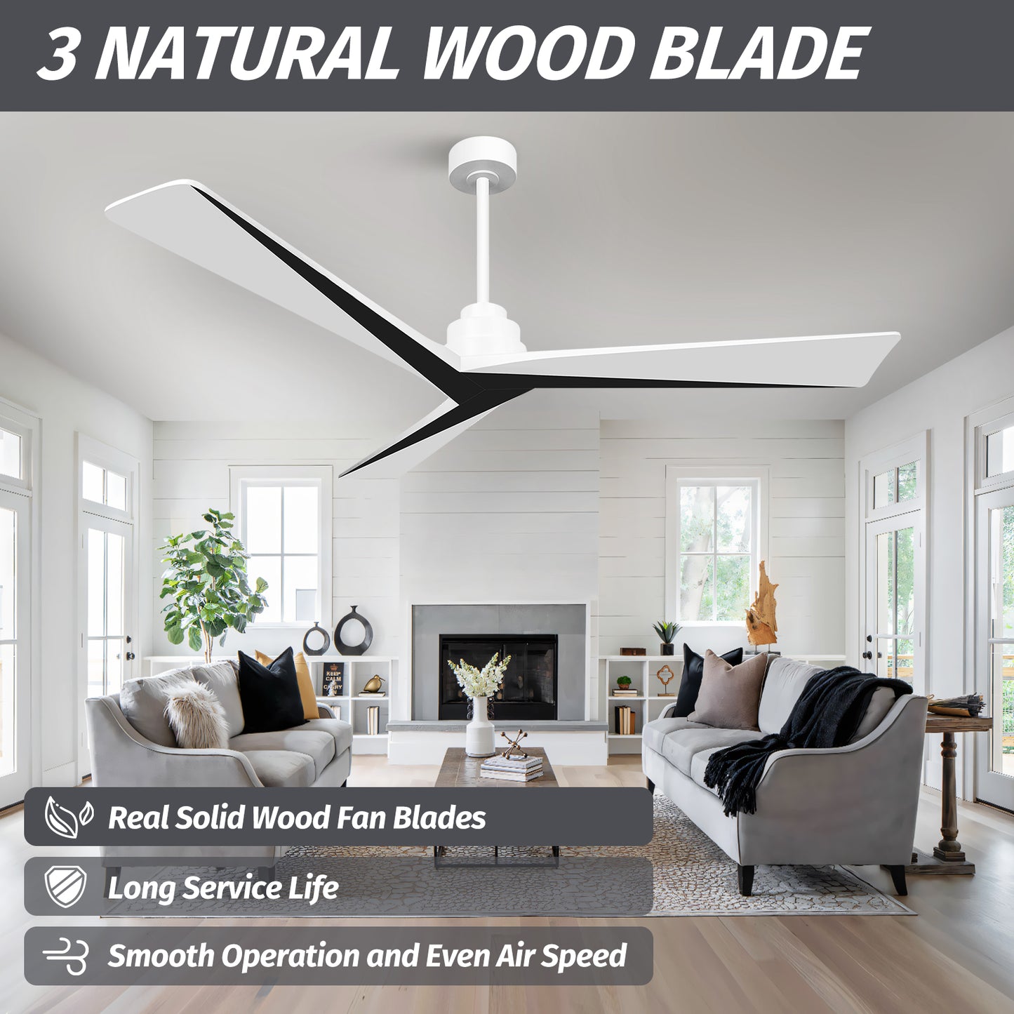 60" Modern 3 Wood Blades Black White Ceiling Fan no Light with Remote