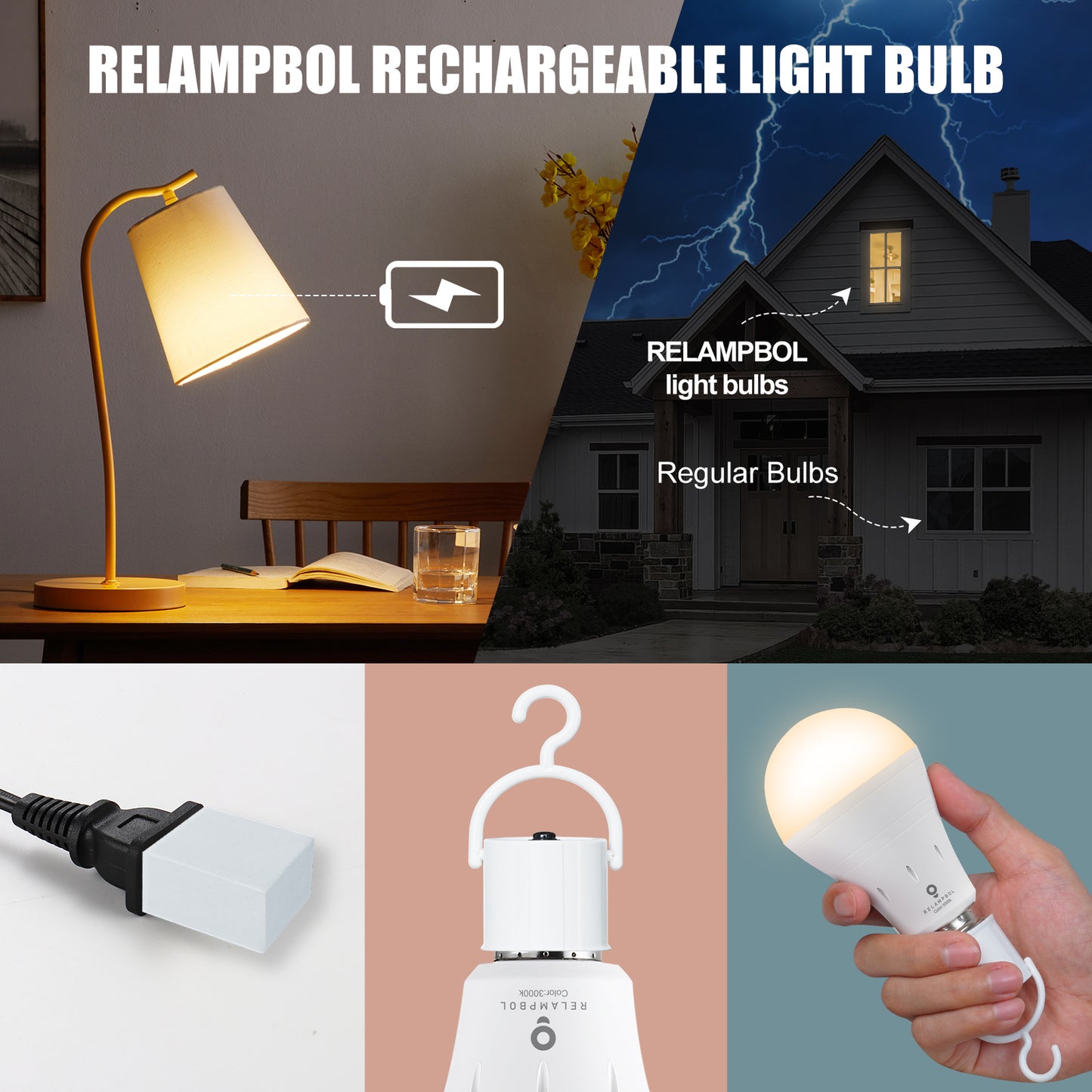 2 Pack Rechargeable Emergency Light Bulb Battery Operated Power Outage Light Bulbs 3000K