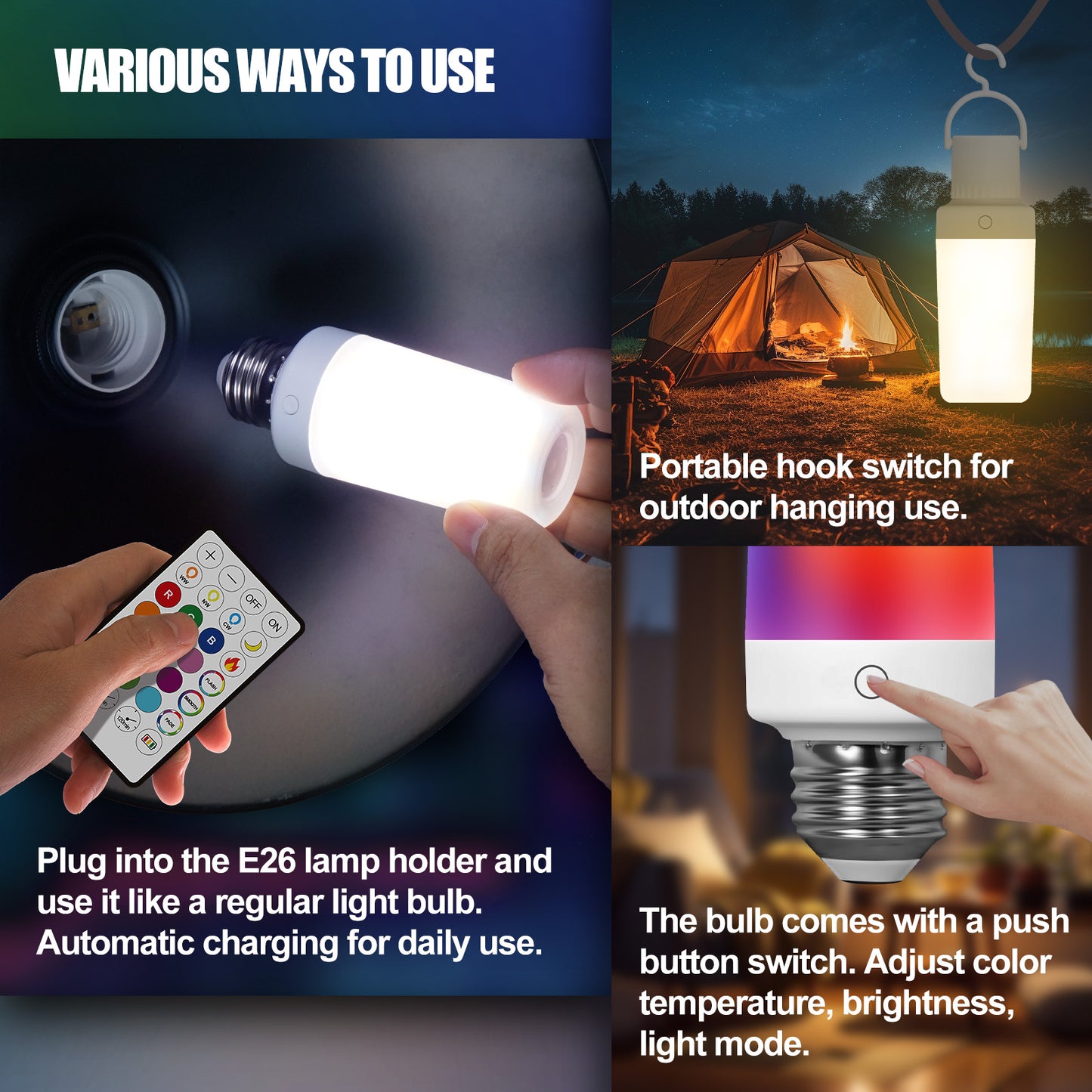 2 Pack Rechargeable Emergency Light Bulb with Remote E26 120 Volt 9W 12 RGB