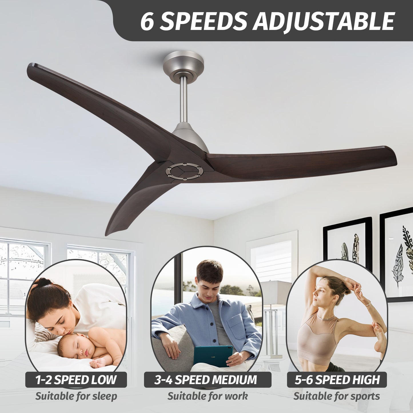 54" Industrial Brown Wood Ceiling Fan No Lights with Reversible DC Motor