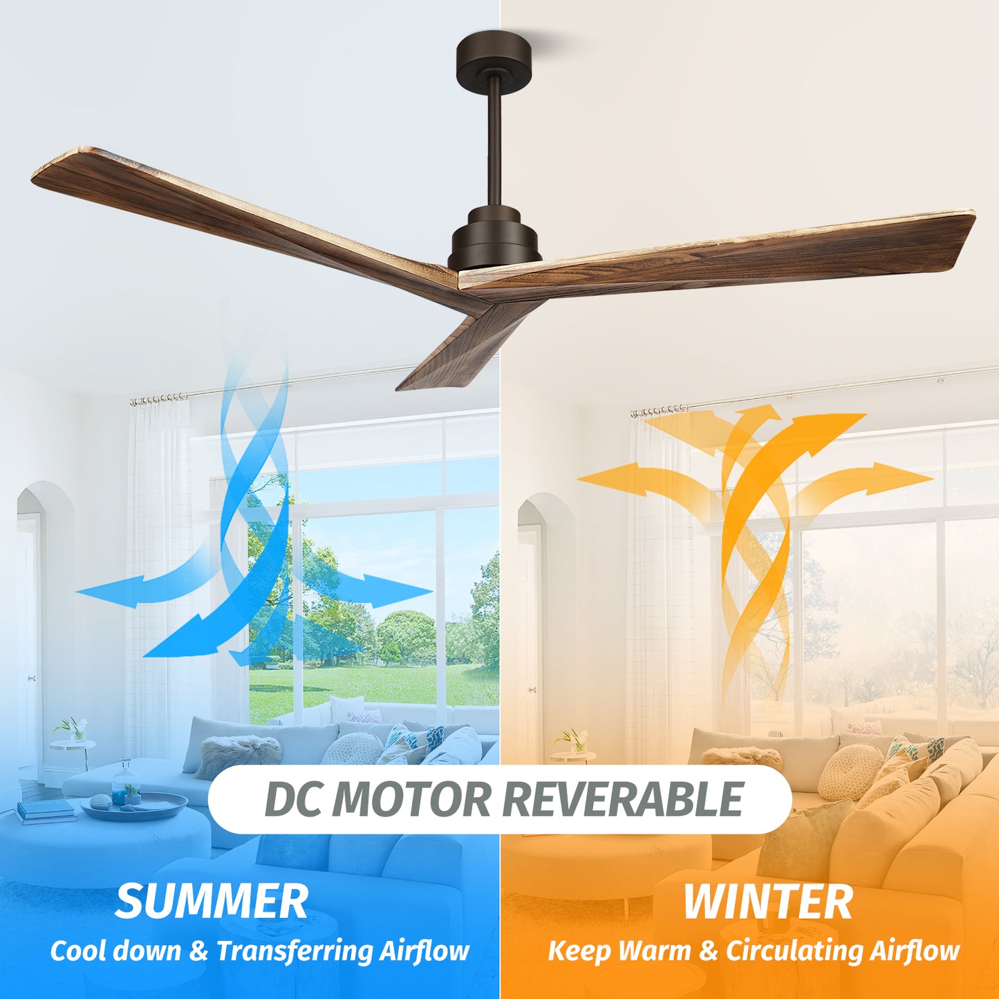 60" Farmhouse 3 Wood Blades Nostalgia Walnut Ceiling Fan no Light with Remote