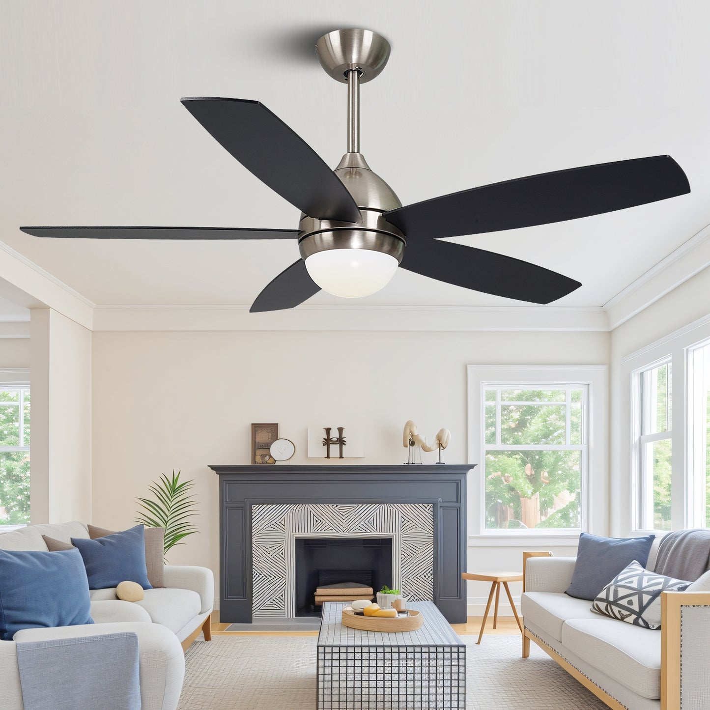 52" Modern Brushed Nickel Wood Ceiling Fan with Lights and Remote Control