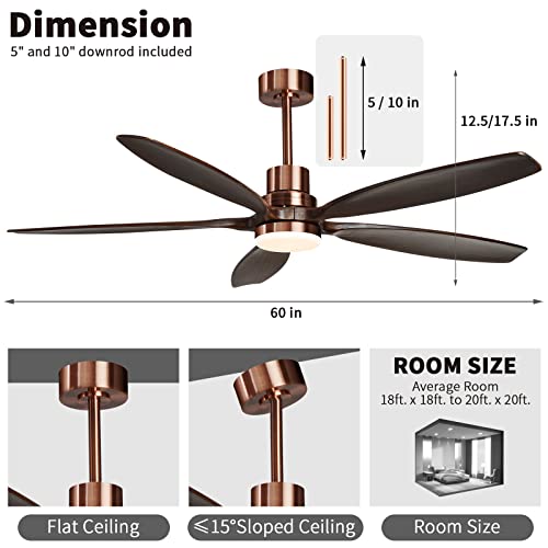 60" Modern Black Walnut Red Brass Ceiling Fan with Light and Remote