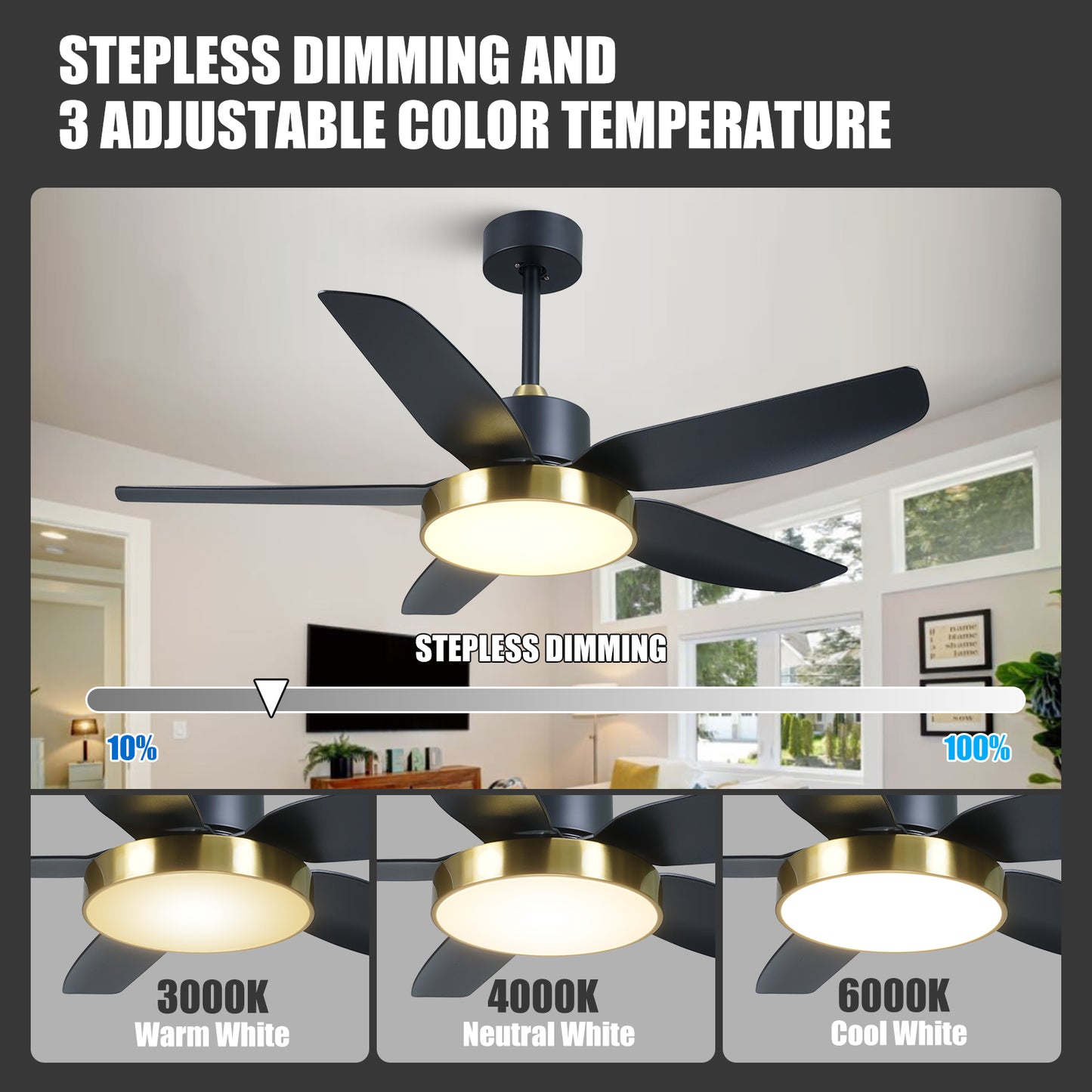 46"Modern Black Gold 6 Speeds ABS Ceiling Fan with Light and Remote Control