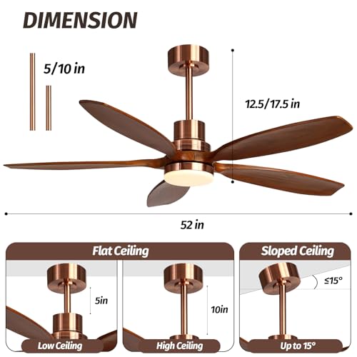 52" Modern Brown Walnut Red Brass Ceiling Fan with Light and Remote