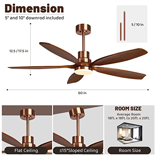 60" Modern Brown Walnut Red Brass Ceiling Fan with Light and Remote