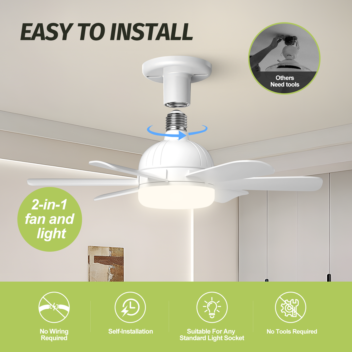 18" White Socket Fan LED Light with Remote,Small Screw in Fan for Closet