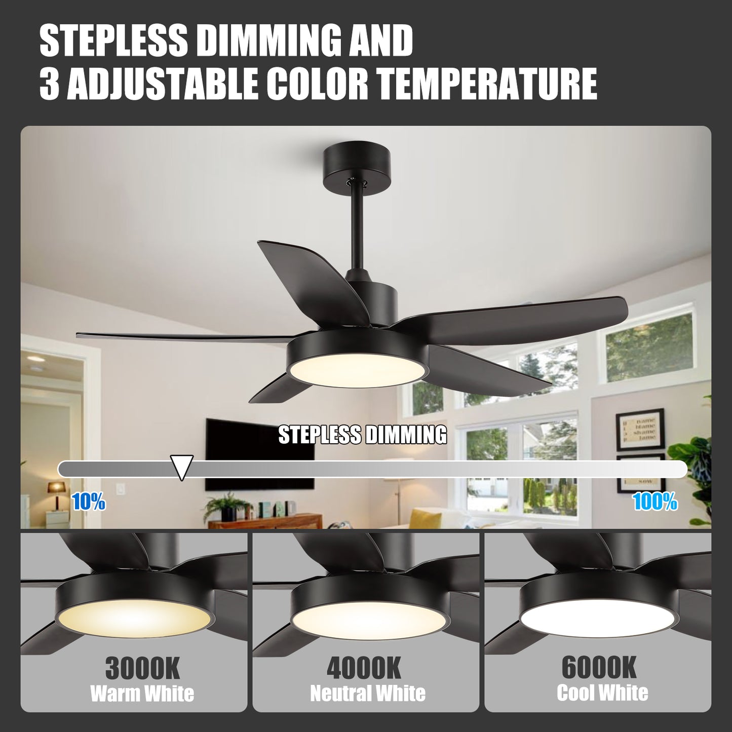 46" Black 6 Speeds Reversible ABS Ceiling Fan with Light and Remote Control