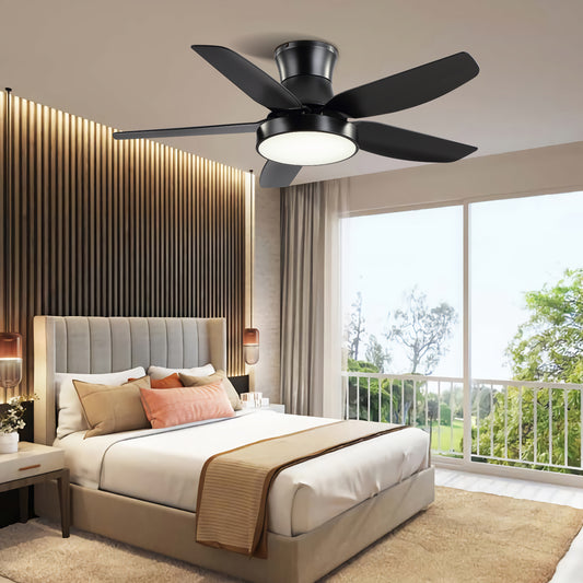 42" Modern Flush Mount Black Ceiling Fan with lights and Remote for Bedroom,Kitchen,Porch