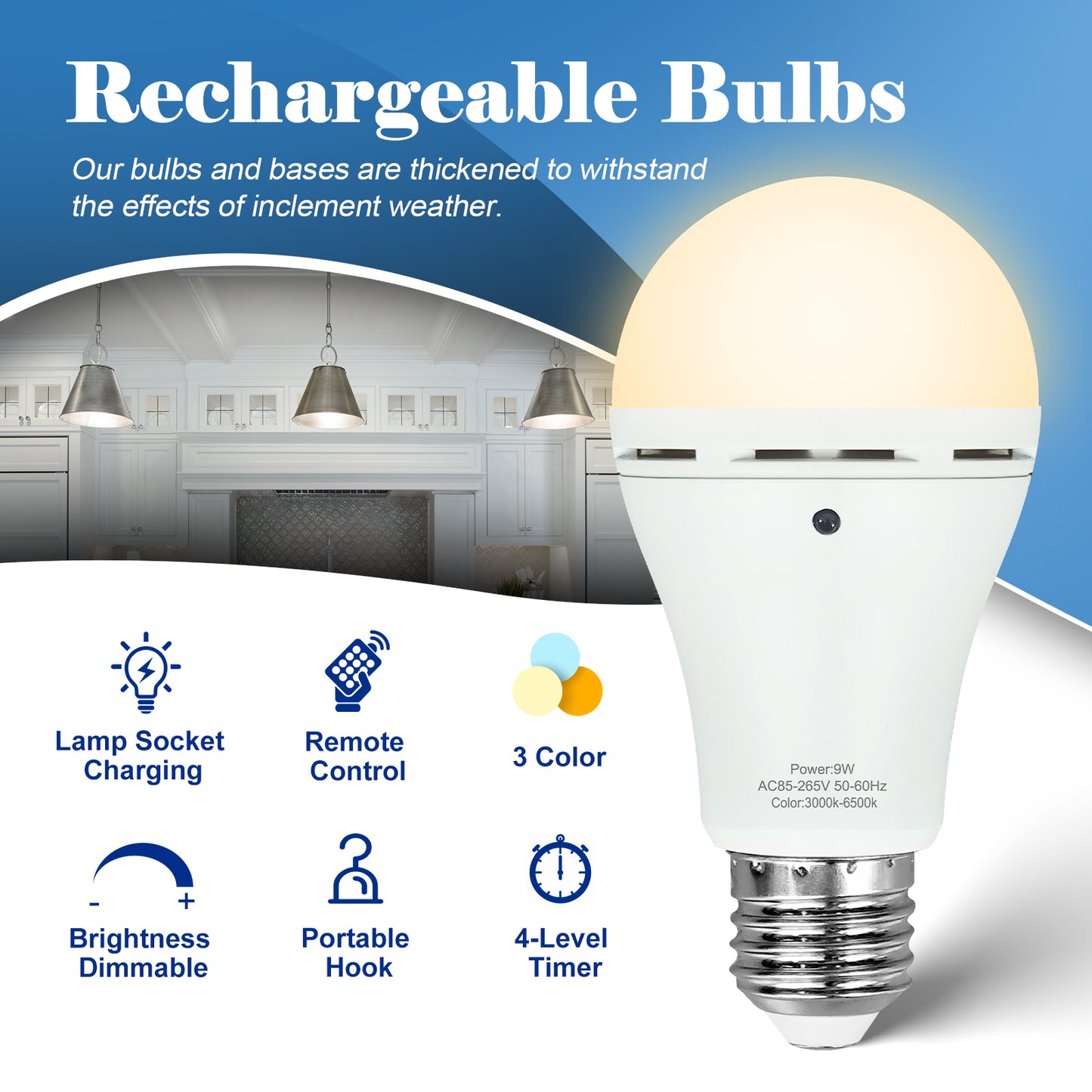 9 Pack Rechargeable Light Bulbs with Remote Control,3 Color and Time Setting