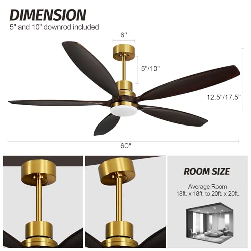 60" Modern Gray Walnut Brass Reversible Ceiling Fan with Light and Remote