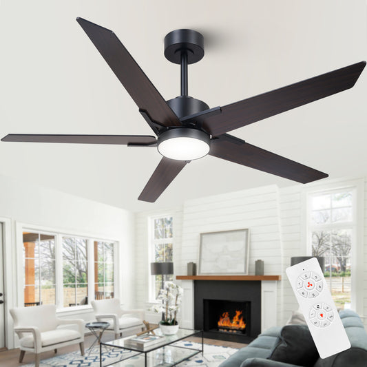 52" Modern Black Wood Ceiling Fan with Lights and Remote for Outdoor Indoor