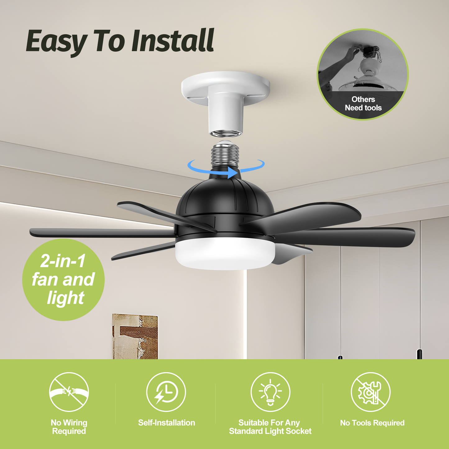 18" Black Socket Fan LED Light with Remote,Small Screw in Fan for Closet