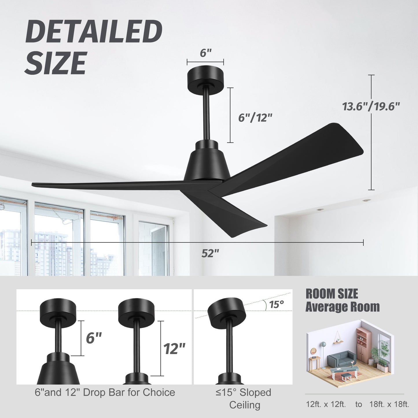 52" Modern Black Ceiling Fan no Light with Remote for Living Room Patio