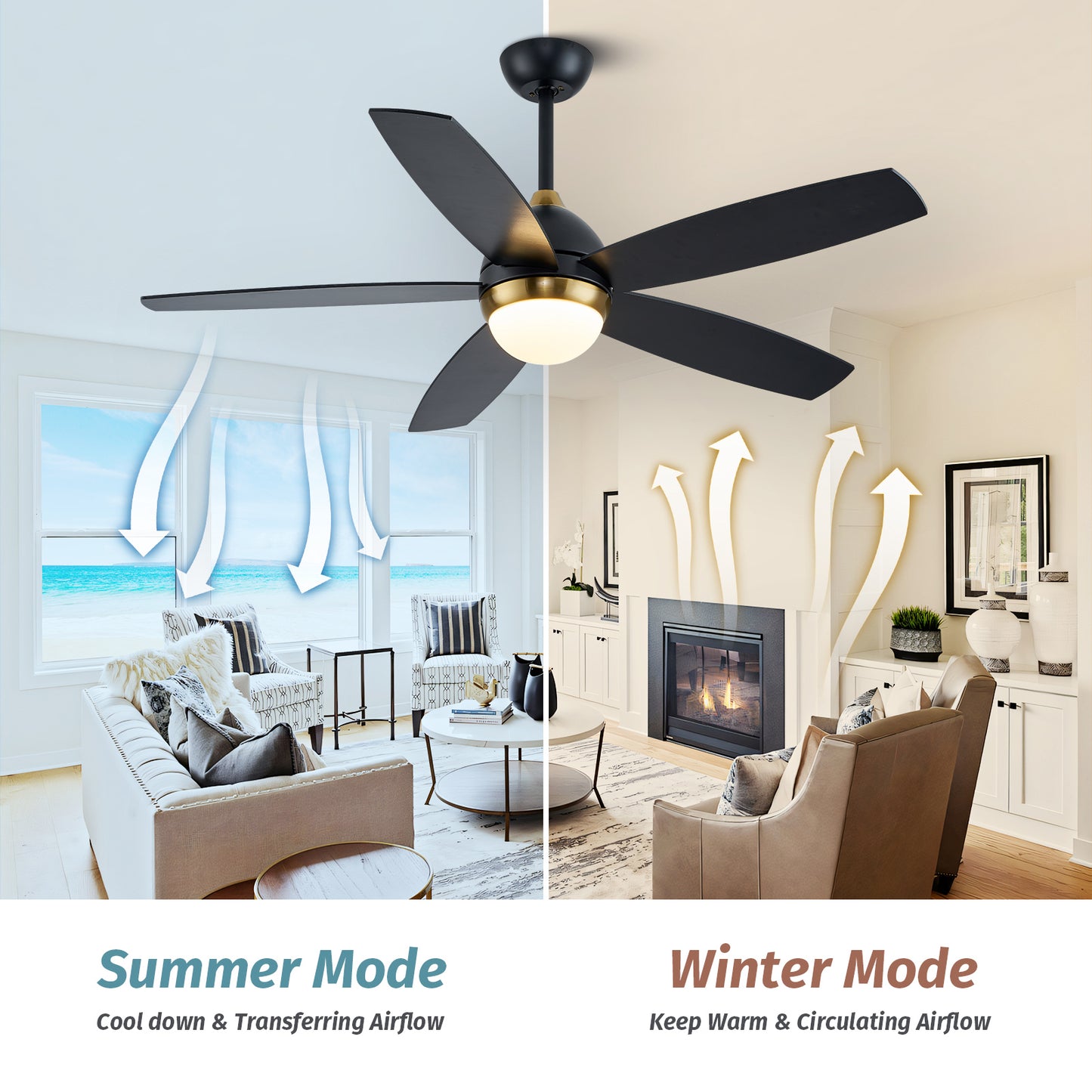 52" Modern Black and Gold Wood Ceiling Fan with Lights and Remote Control