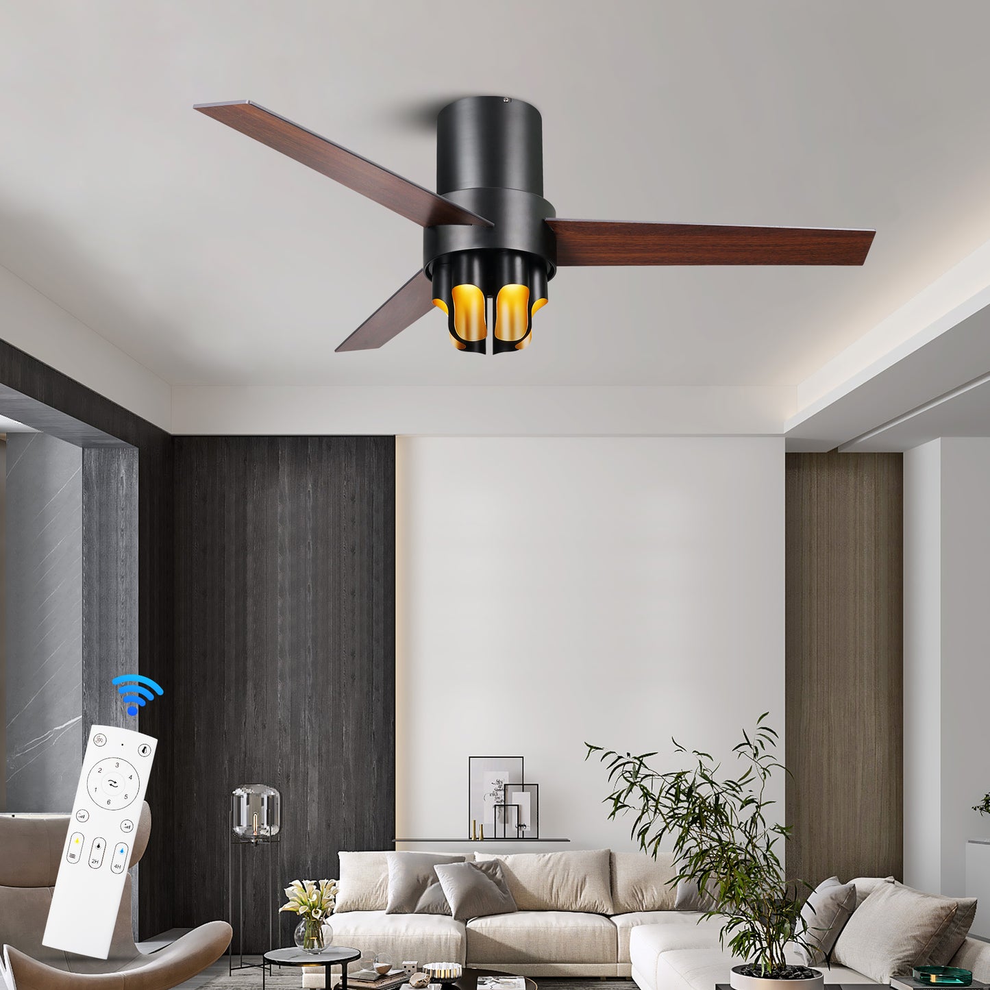 52" Modern Black Double-faced Blades Ceiling Fan with LED Light and Remote