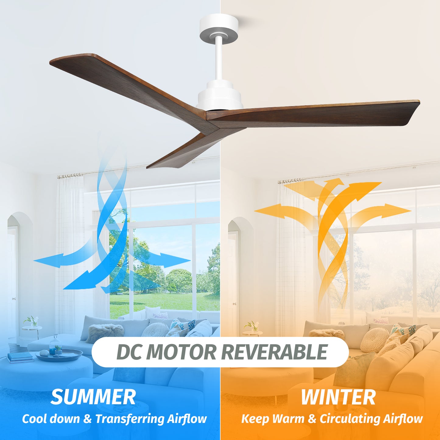 52" Modern 3 Wood Blades Brown Walnut Ceiling Fan no Light with Remote