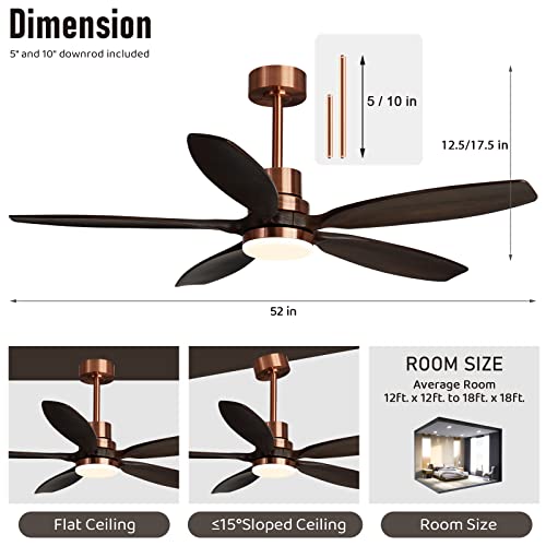 52" Modern Black Walnut Red Brass Ceiling Fan with Light and Remote