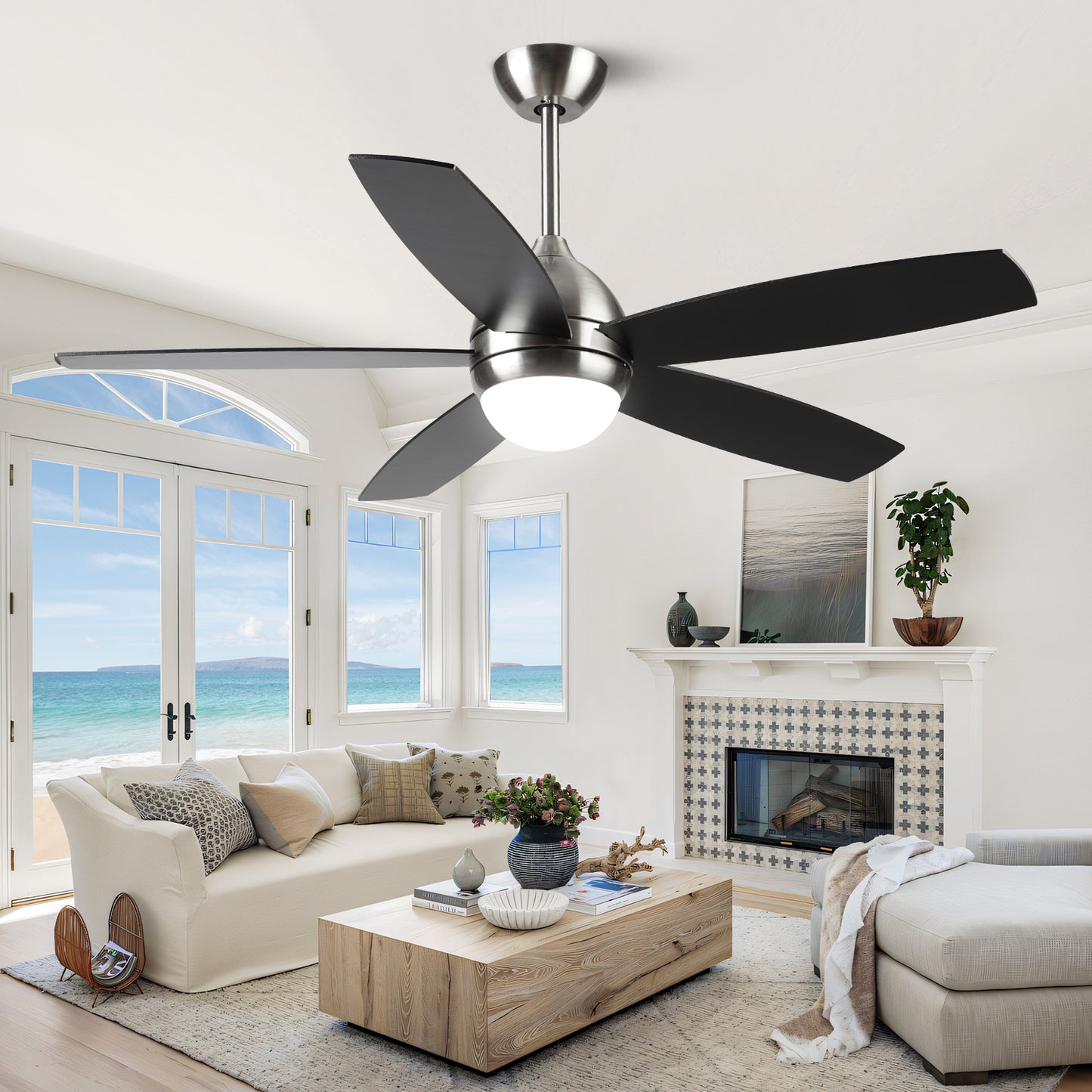 52" Modern Brushed Nickel Wood Ceiling Fan with Lights and Remote Control