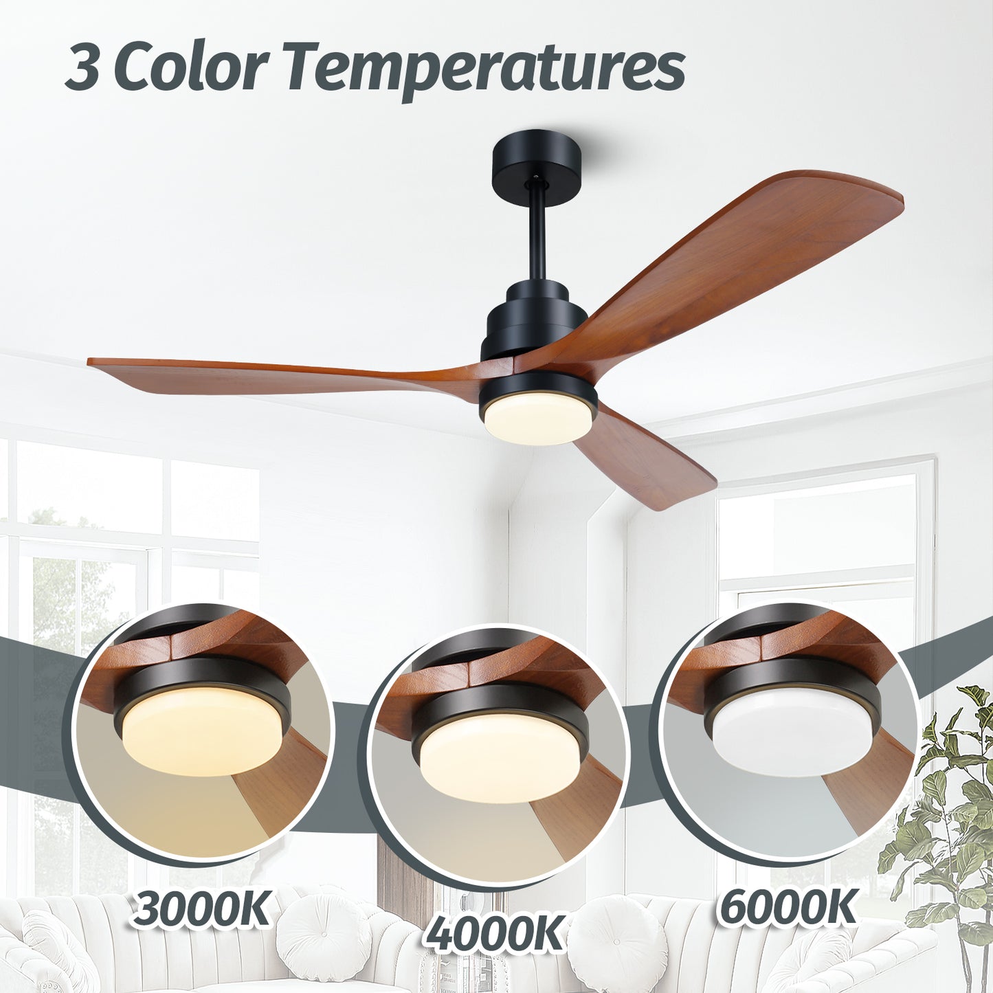 52" Farmhouse Brown Walnut Wood Ceiling Fan with Lights and Remote Control