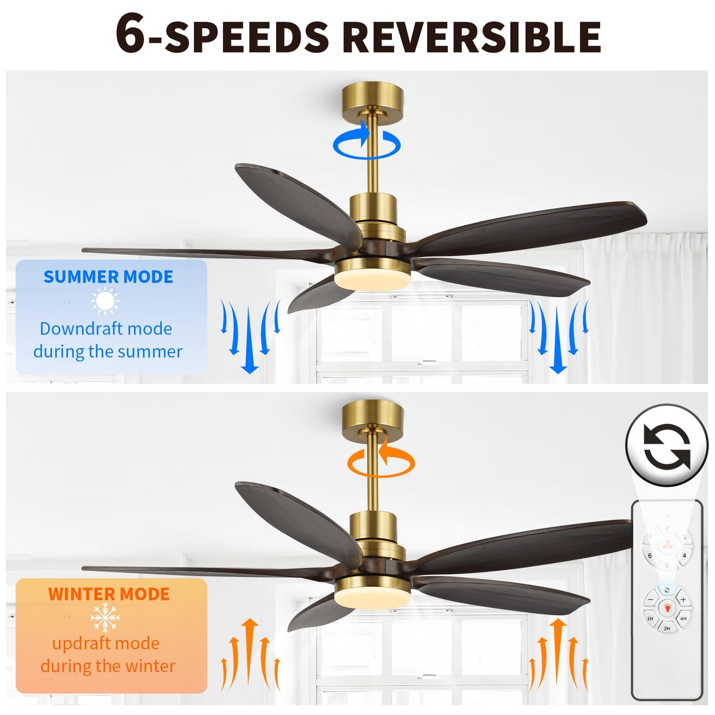 52" Modern Brown Walnut Brass Reversible Ceiling Fan with Light and Remote