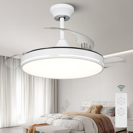 42" White Modern Retractable Ceiling Fan with Light and Remote for Bedroom